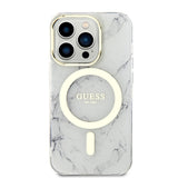 Apple iPhone 13 Pro Max Kılıf Guess Magsafe Şarj Özellikli Mermer Desenli Kapak Beyaz