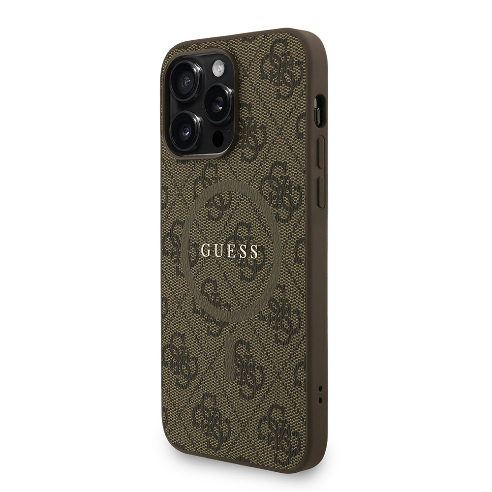 Apple iPhone 13 Pro Max Kılıf Guess M-safe Şarj Özellikli Bilek Askı İpli Yazı Logolu Kapak Kahverengi