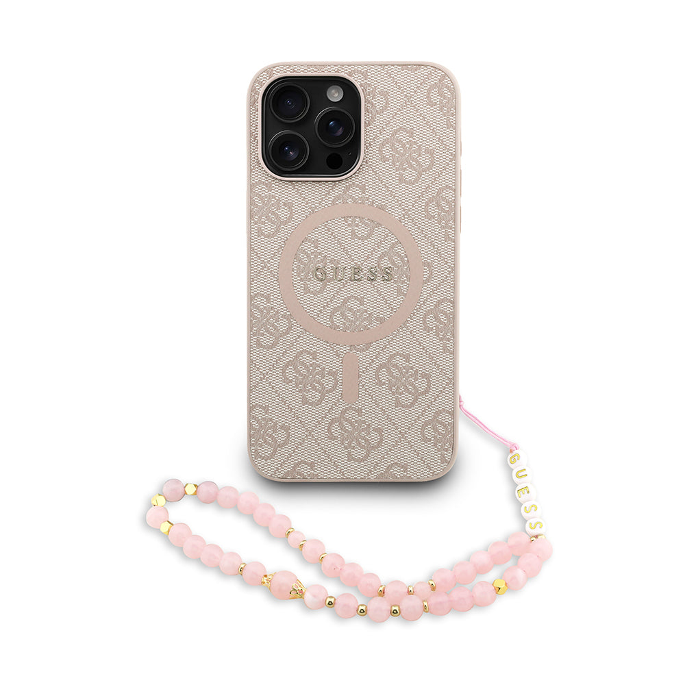 Apple iPhone 13 Pro Max Kılıf Guess M-safe Şarj Özellikli Bilek Askı İpli Yazı Logolu Kapak Pembe