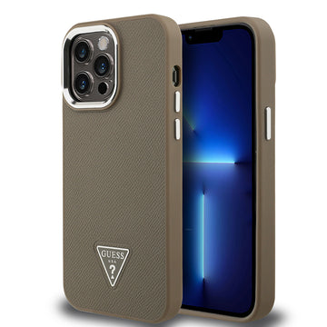 Apple iPhone 13 Pro Max Kılıf Guess Magsafe Şarj Özellikli Grained Triangle Kapak Kahverengi