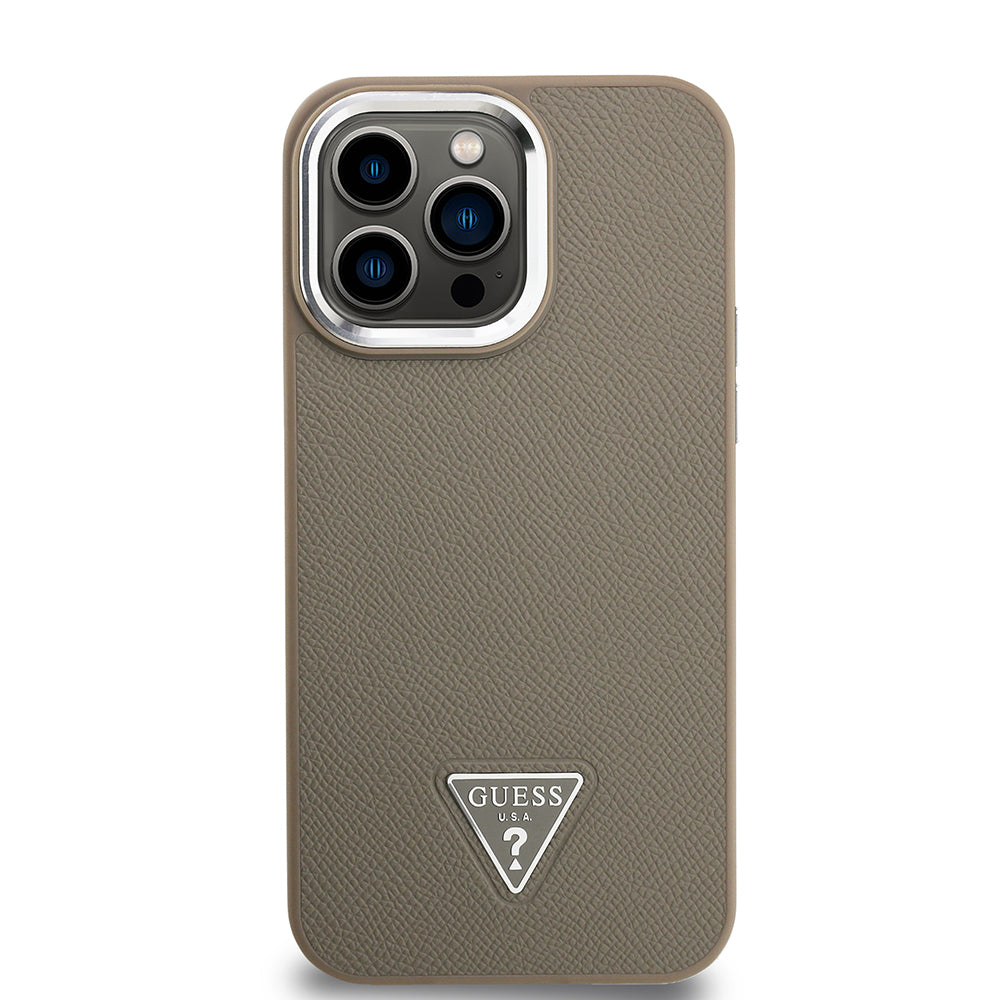Apple iPhone 13 Pro Max Kılıf Guess Magsafe Şarj Özellikli Grained Triangle Kapak Kahverengi
