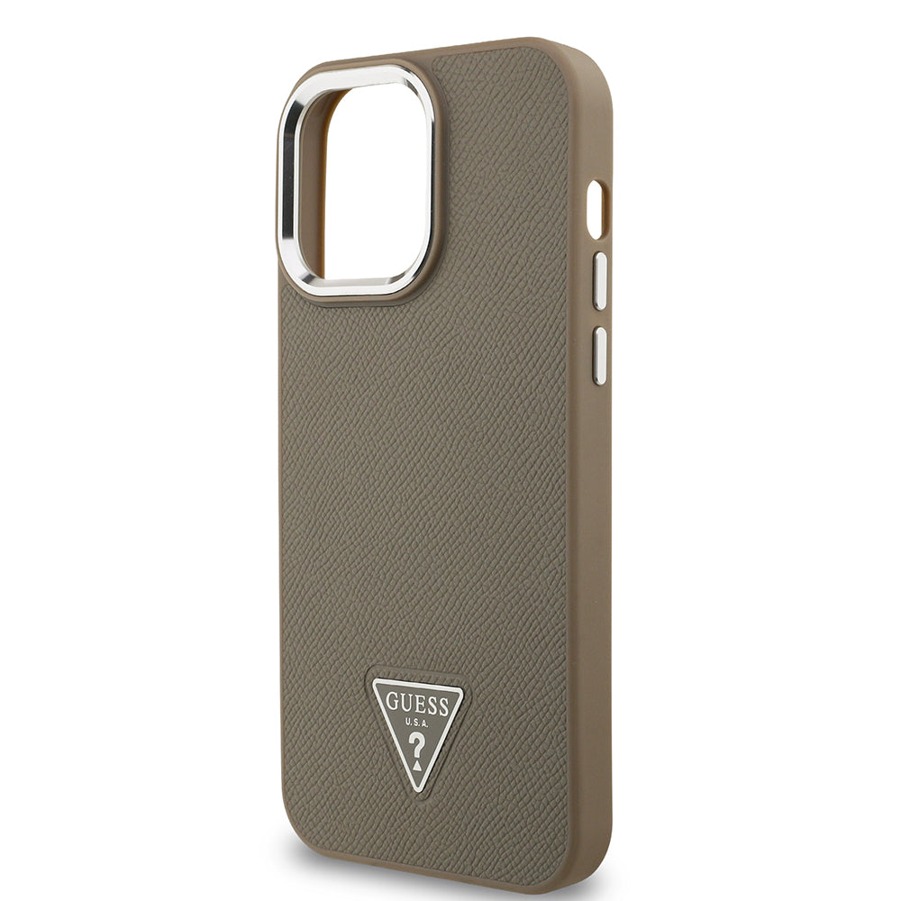 Apple iPhone 13 Pro Max Kılıf Guess Magsafe Şarj Özellikli Grained Triangle Kapak Kahverengi