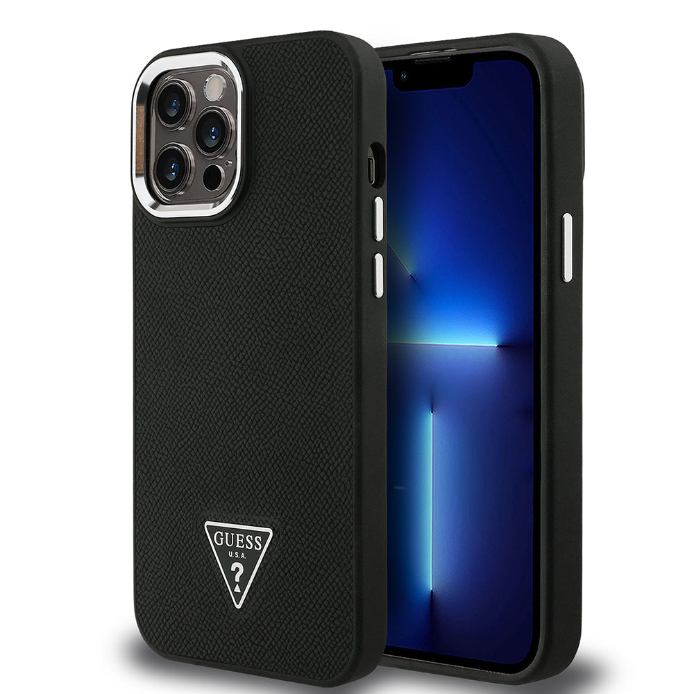 Apple iPhone 13 Pro Max Kılıf Guess Magsafe Şarj Özellikli Grained Triangle Kapak Siyah