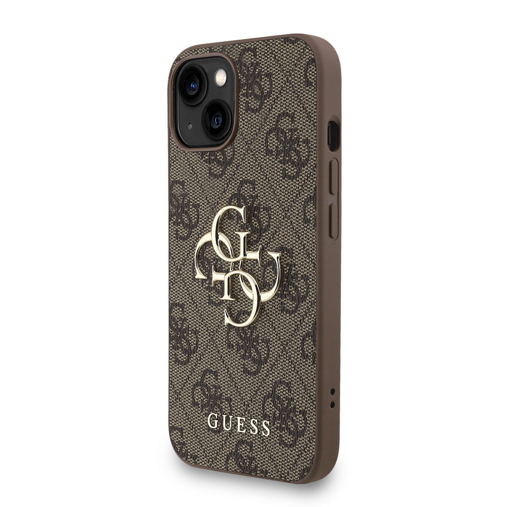 Apple iPhone 14 Kılıf Guess Bilek Askı İpli Kapak Metal Büyük 4G ve Yazı Logolu Kahverengi