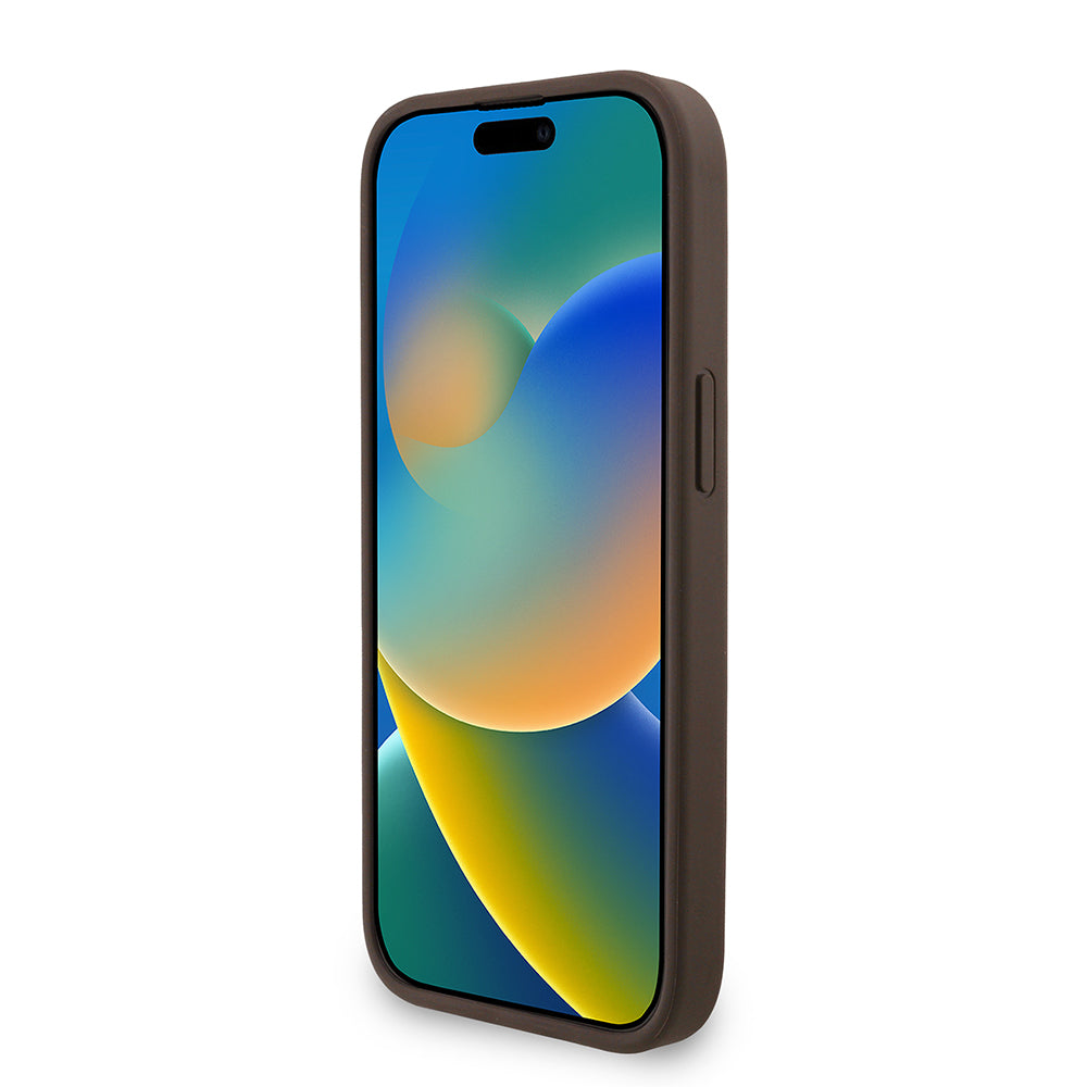 Apple iPhone 14 Kılıf Guess Bilek Askı İpli Kapak Metal Büyük 4G ve Yazı Logolu Kahverengi