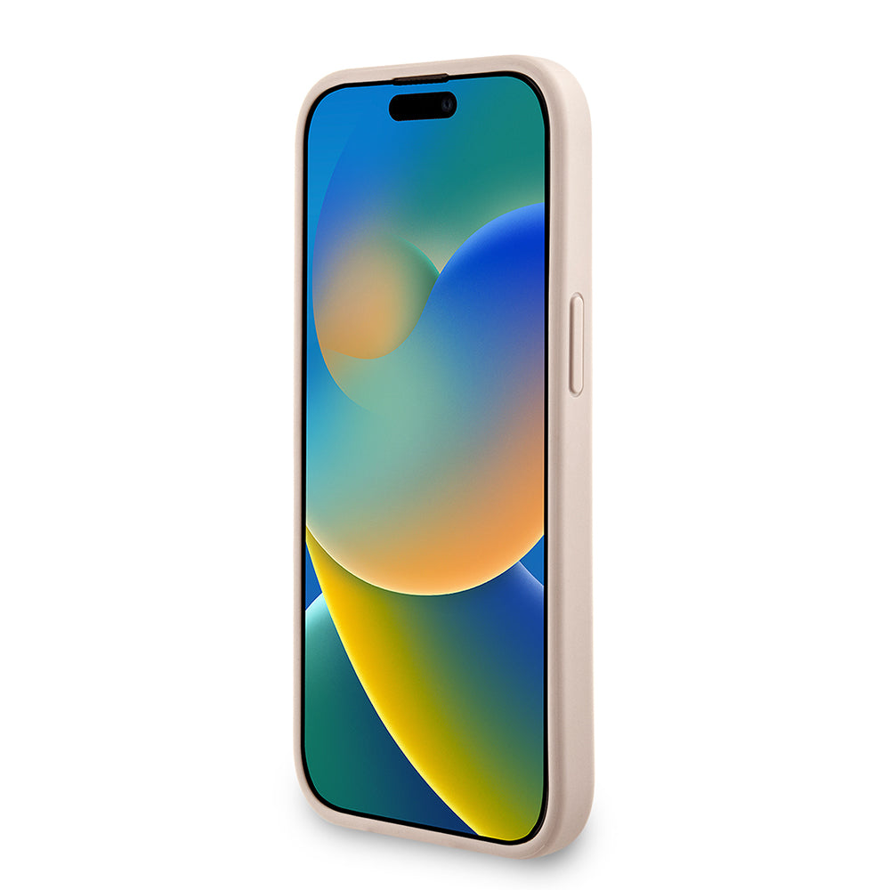 Apple iPhone 14 Kılıf Guess Bilek Askı İpli Kapak Metal Büyük 4G ve Yazı Logolu Pembe