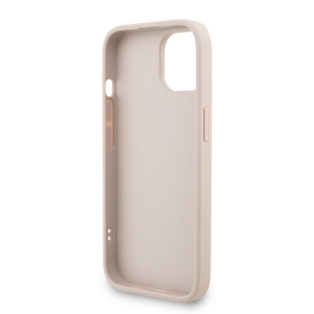 Apple iPhone 14 Kılıf Guess Bilek Askı İpli Kapak Metal Büyük 4G ve Yazı Logolu Pembe