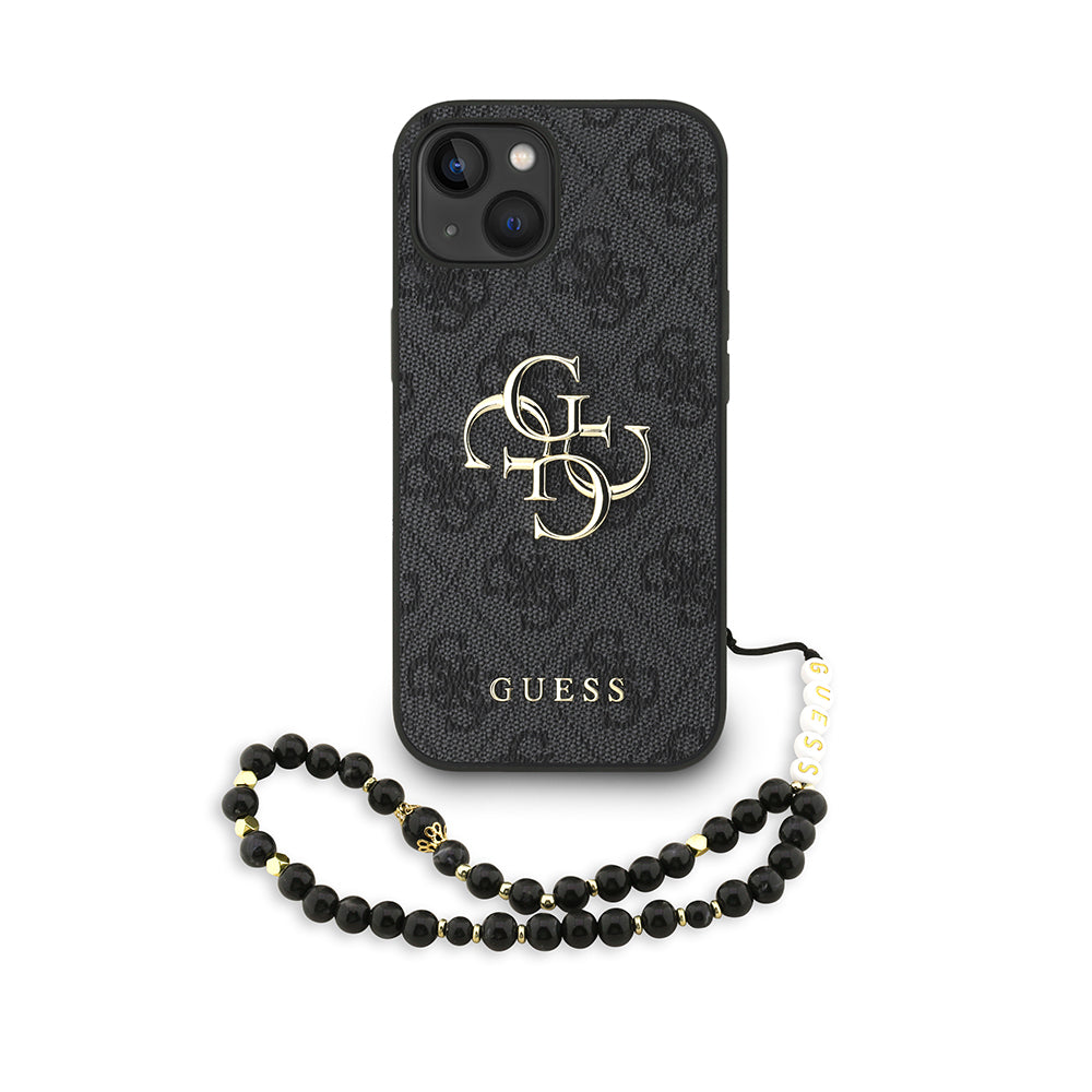 Apple iPhone 14 Kılıf Guess Bilek Askı İpli Kapak Metal Büyük 4G ve Yazı Logolu Siyah