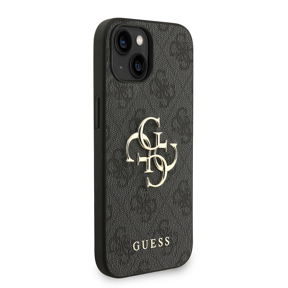 Apple iPhone 14 Kılıf Guess Bilek Askı İpli Kapak Metal Büyük 4G ve Yazı Logolu Siyah