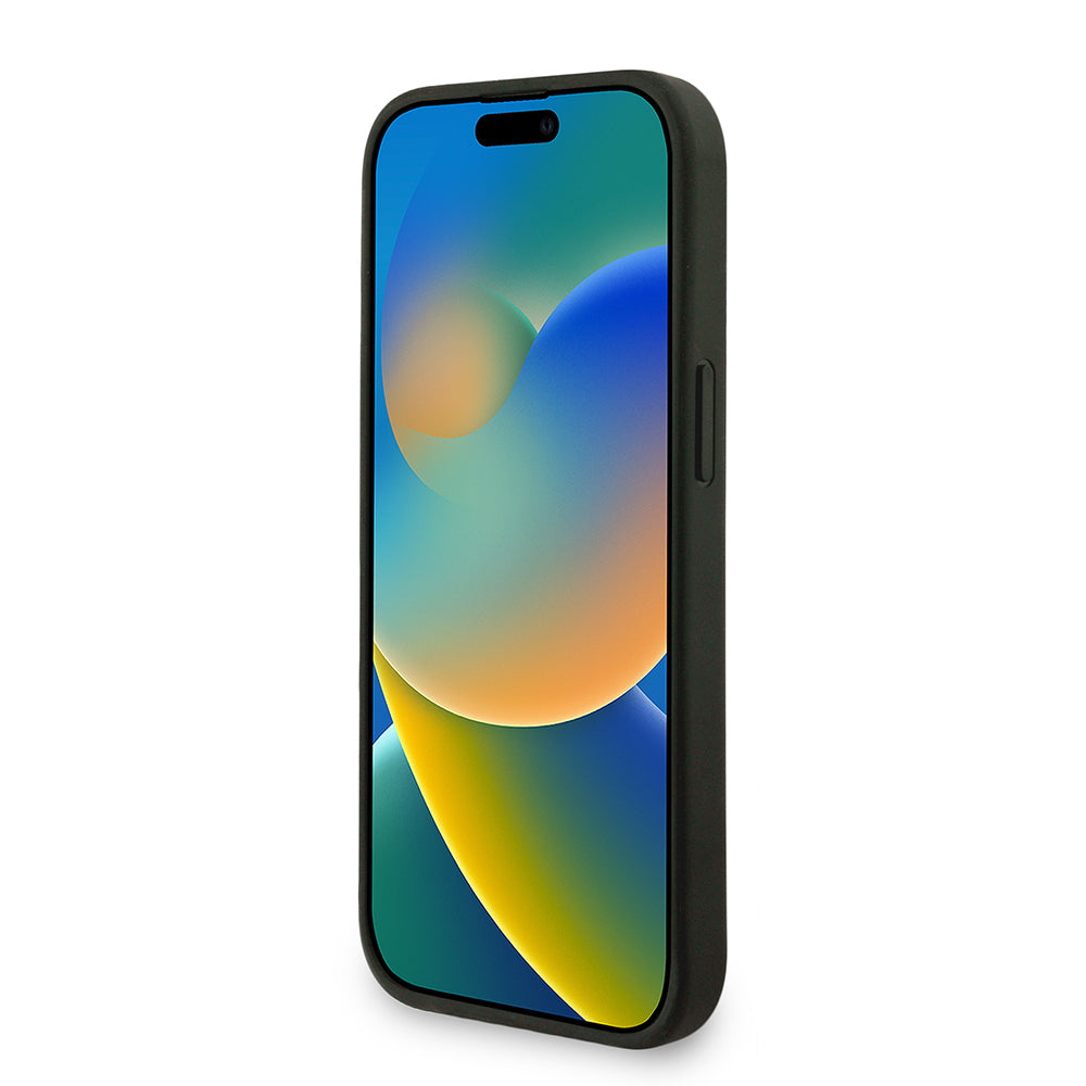 Apple iPhone 14 Kılıf Guess Bilek Askı İpli Kapak Metal Büyük 4G ve Yazı Logolu Siyah