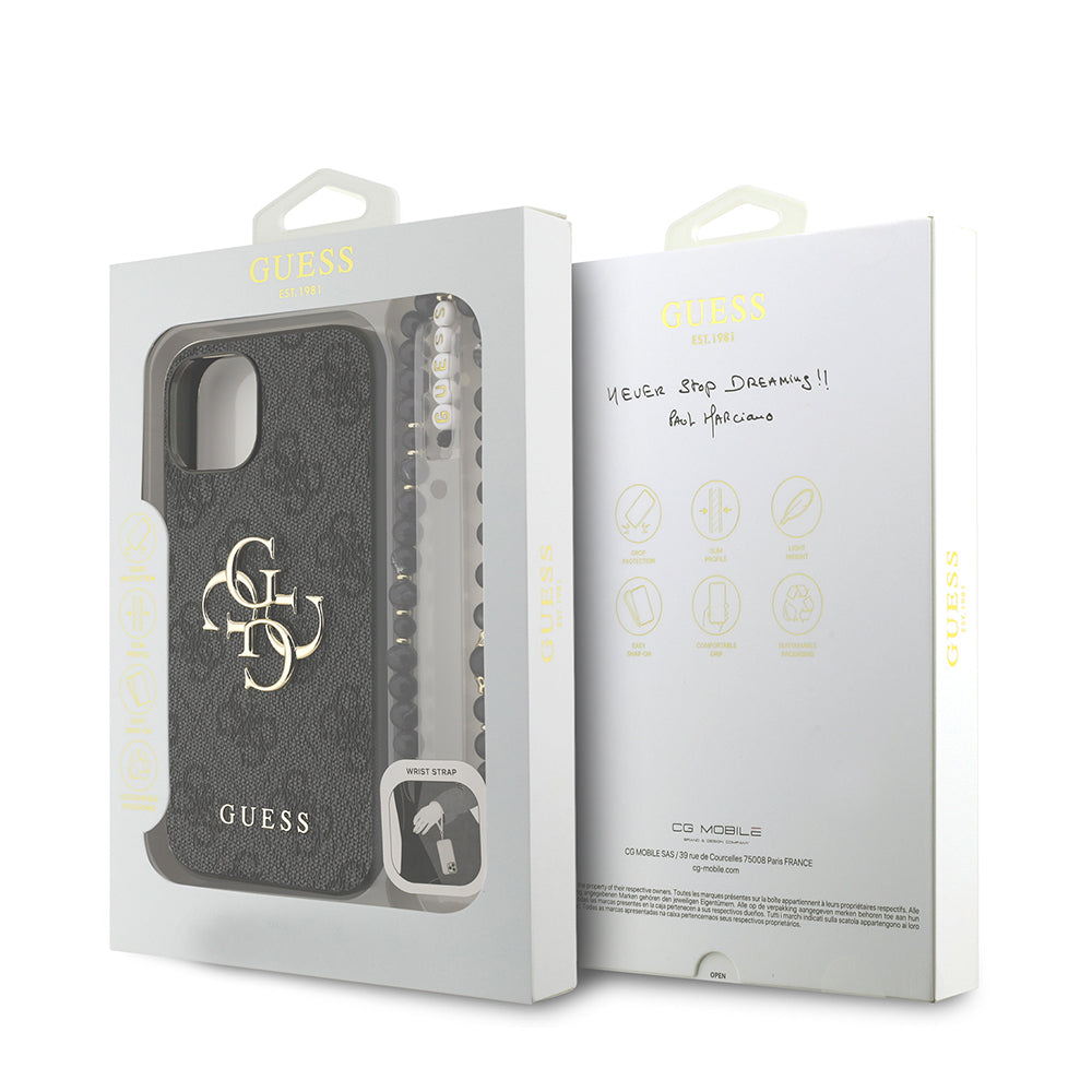 Apple iPhone 14 Kılıf Guess Bilek Askı İpli Kapak Metal Büyük 4G ve Yazı Logolu Siyah