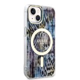 Apple iPhone 14 Kılıf Guess Magsafe Şarj Özellikli Leopar Desenli Kapak Mavi
