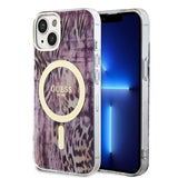 Apple iPhone 14 Kılıf Guess Magsafe Şarj Özellikli Leopar Desenli Kapak Pembe