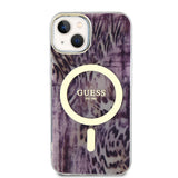 Apple iPhone 14 Kılıf Guess Magsafe Şarj Özellikli Leopar Desenli Kapak Pembe