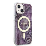 Apple iPhone 14 Kılıf Guess Magsafe Şarj Özellikli Leopar Desenli Kapak Pembe