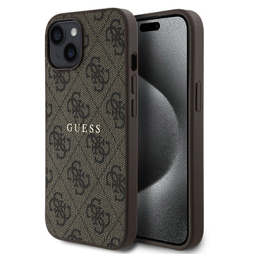 Apple iPhone 14 Kılıf Guess Magsafe Uyumlu 4G Desen Yazı Logolu Kapak Kahverengi