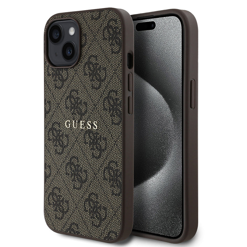 Apple iPhone 14 Kılıf Guess Magsafe Uyumlu 4G Desen Yazı Logolu Kapak Kahverengi