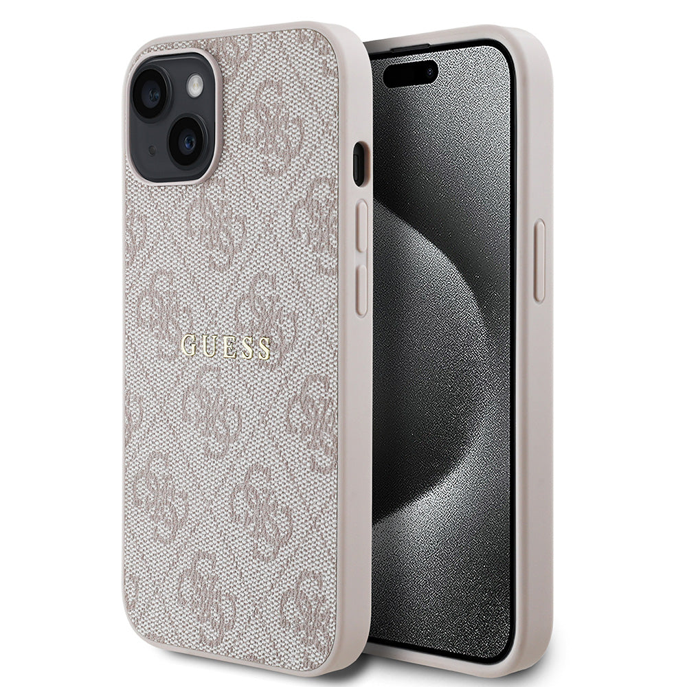 Apple iPhone 14 Kılıf Guess Magsafe Uyumlu 4G Desen Yazı Logolu Kapak Pembe