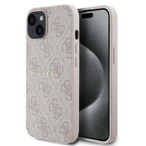 Apple iPhone 14 Kılıf Guess Magsafe Uyumlu 4G Desen Yazı Logolu Kapak Pembe
