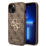 Apple iPhone 14 Kılıf Guess PU Deri Büyük Metal Logolu Kapak Kahverengi