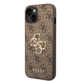 Apple iPhone 14 Kılıf Guess PU Deri Büyük Metal Logolu Kapak Kahverengi