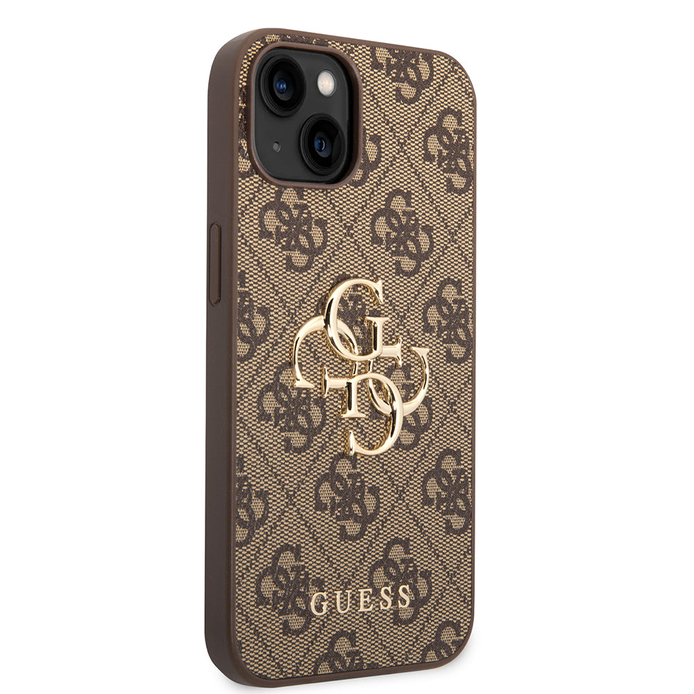 Apple iPhone 14 Kılıf Guess PU Deri Büyük Metal Logolu Kapak Kahverengi