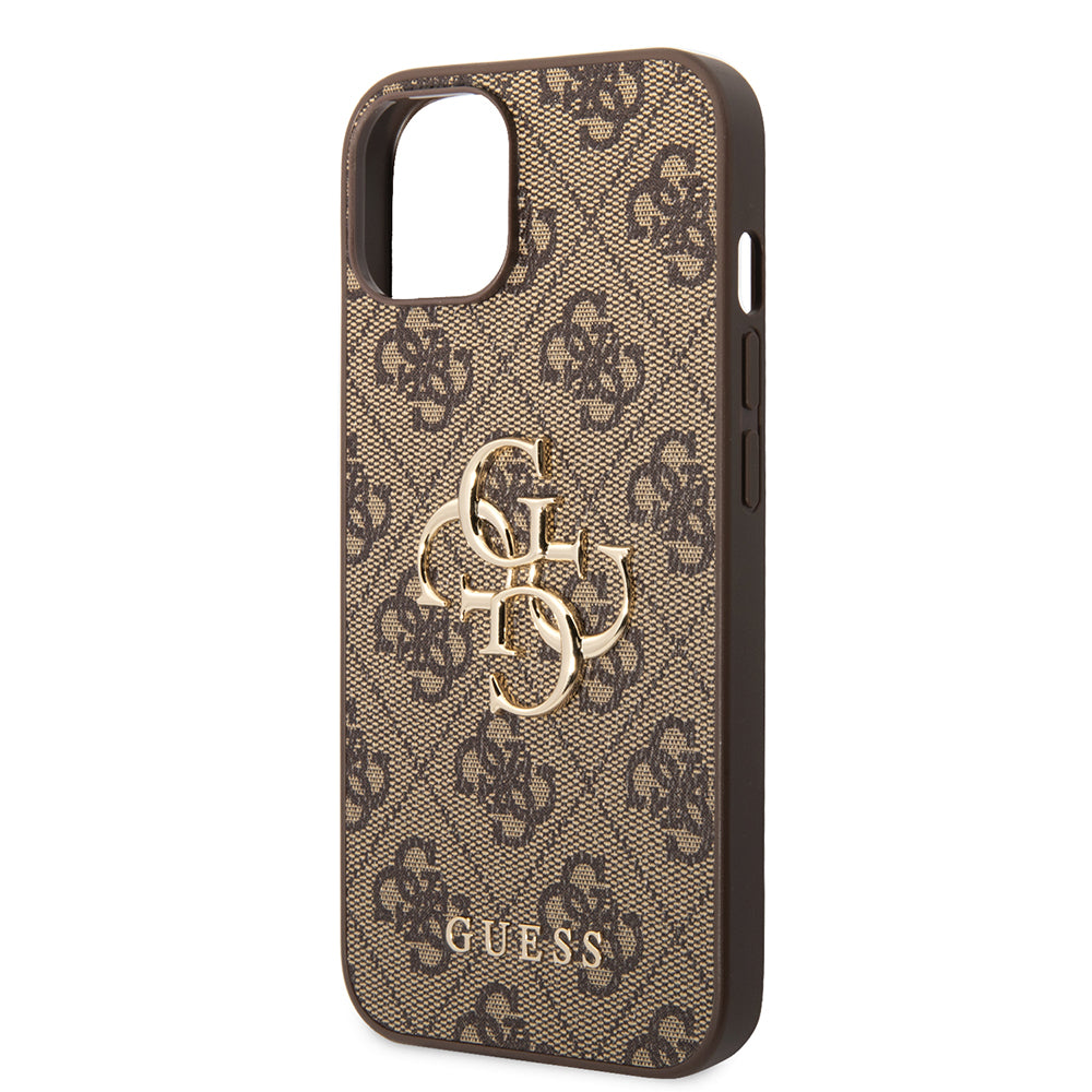 Apple iPhone 14 Kılıf Guess PU Deri Büyük Metal Logolu Kapak Kahverengi