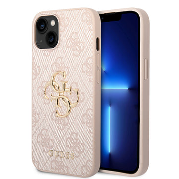 Apple iPhone 14 Kılıf Guess PU Deri Büyük Metal Logolu Kapak Pembe