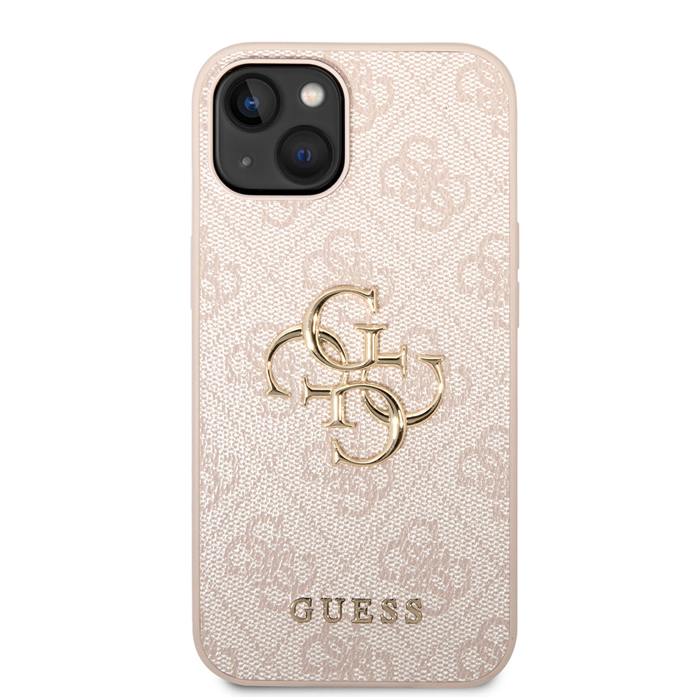 Apple iPhone 14 Kılıf Guess PU Deri Büyük Metal Logolu Kapak Pembe