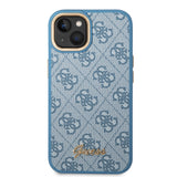Apple iPhone 14 Kılıf Guess PU Deri Metal Logo Dizaynlı Kapak Mavi