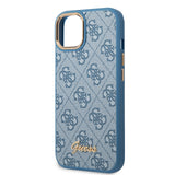 Apple iPhone 14 Kılıf Guess PU Deri Metal Logo Dizaynlı Kapak Mavi