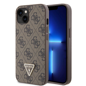 Apple iPhone 14 Kılıf Guess PU Deri Taşlı Üçgen Logo 4G Desenli Kapak Kahverengi