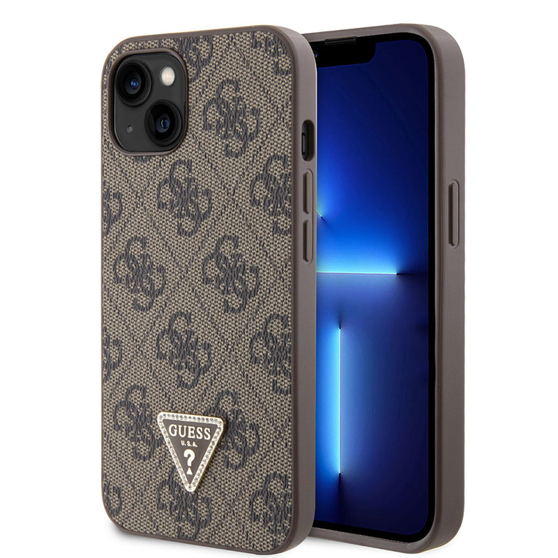 Apple iPhone 14 Kılıf Guess PU Deri Taşlı Üçgen Logo 4G Desenli Kapak Kahverengi
