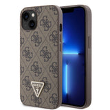 Apple iPhone 14 Kılıf Guess PU Deri Taşlı Üçgen Logo 4G Desenli Kapak Kahverengi