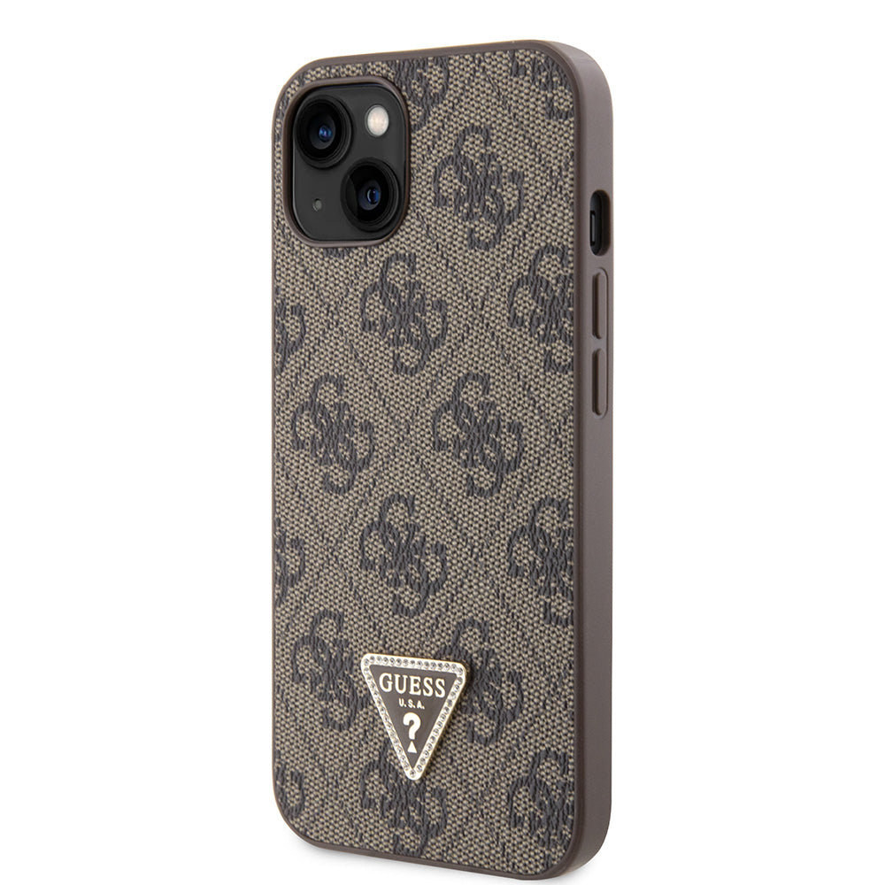 Apple iPhone 14 Kılıf Guess PU Deri Taşlı Üçgen Logo 4G Desenli Kapak Kahverengi