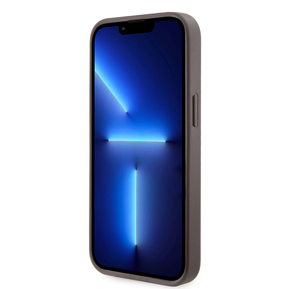 Apple iPhone 14 Kılıf Guess PU Deri Taşlı Üçgen Logo 4G Desenli Kapak Kahverengi