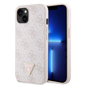 Apple iPhone 14 Kılıf Guess PU Deri Taşlı Üçgen Logo 4G Desenli Kapak Pembe