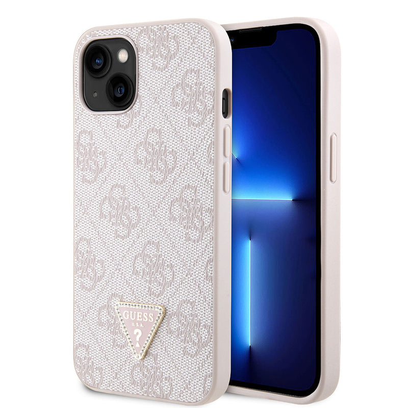 Apple iPhone 14 Kılıf Guess PU Deri Taşlı Üçgen Logo 4G Desenli Kapak Pembe