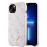 Apple iPhone 14 Kılıf Guess PU Deri Taşlı Üçgen Logo 4G Desenli Kapak Pembe