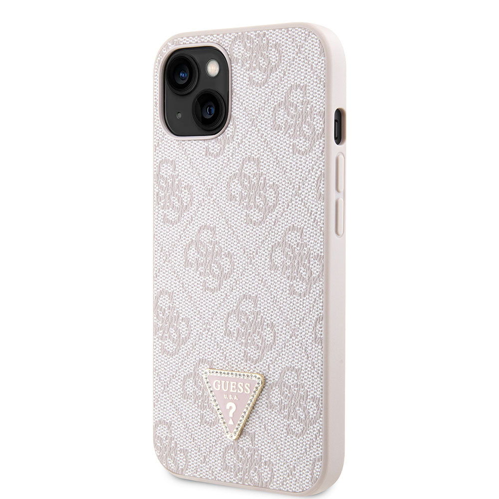 Apple iPhone 14 Kılıf Guess PU Deri Taşlı Üçgen Logo 4G Desenli Kapak Pembe