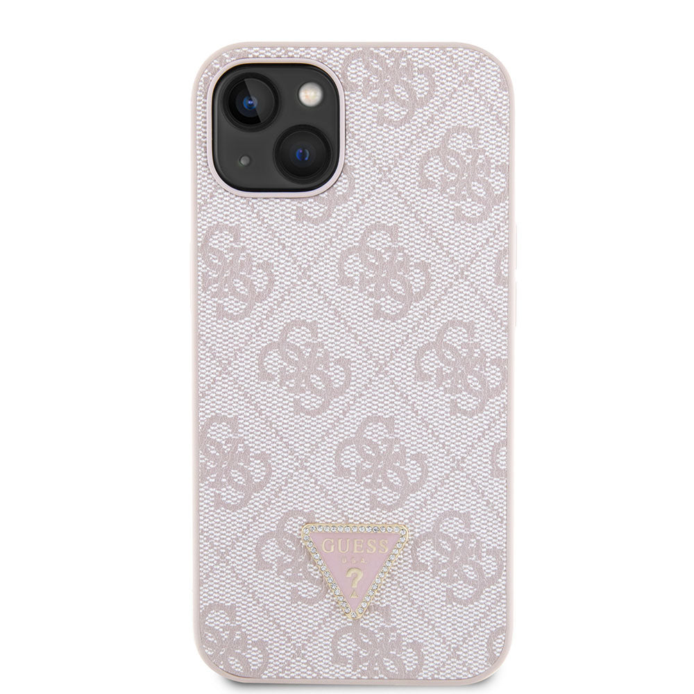 Apple iPhone 14 Kılıf Guess PU Deri Taşlı Üçgen Logo 4G Desenli Kapak Pembe