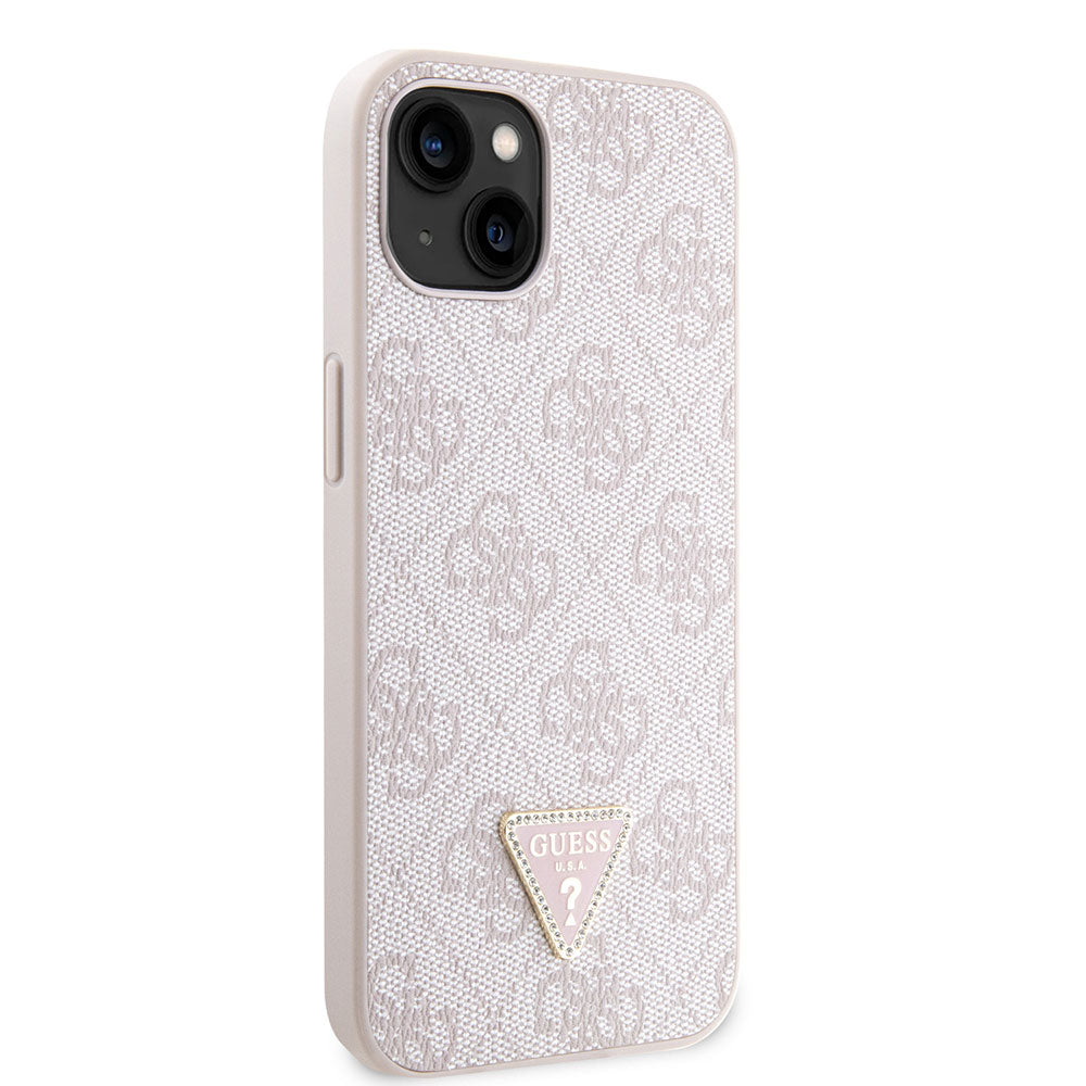 Apple iPhone 14 Kılıf Guess PU Deri Taşlı Üçgen Logo 4G Desenli Kapak Pembe