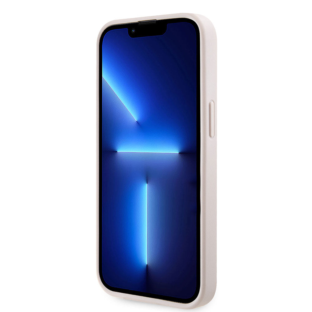 Apple iPhone 14 Kılıf Guess PU Deri Taşlı Üçgen Logo 4G Desenli Kapak Pembe