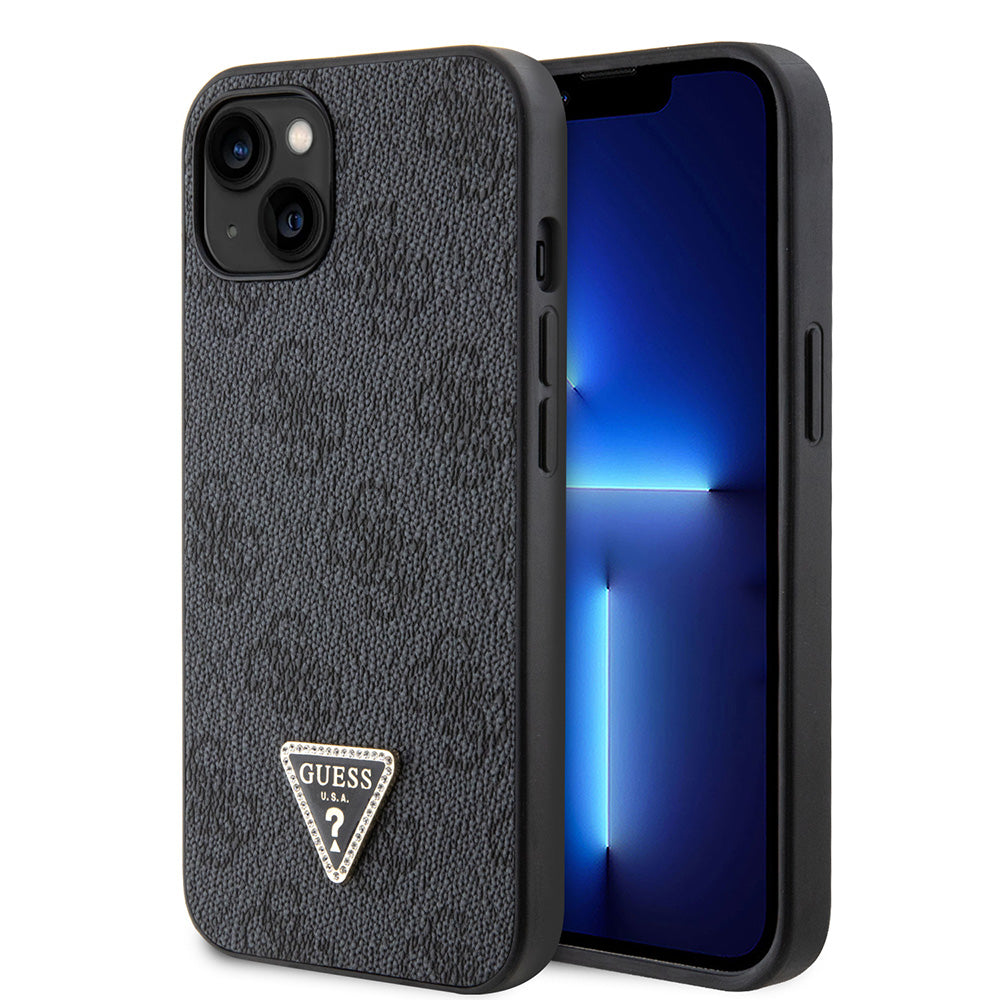 Apple iPhone 14 Kılıf Guess PU Deri Taşlı Üçgen Logo 4G Desenli Kapak Siyah