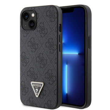 Apple iPhone 14 Kılıf Guess PU Deri Taşlı Üçgen Logo 4G Desenli Kapak Siyah