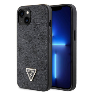 Apple iPhone 14 Kılıf Guess PU Deri Taşlı Üçgen Logo 4G Desenli Kapak Siyah
