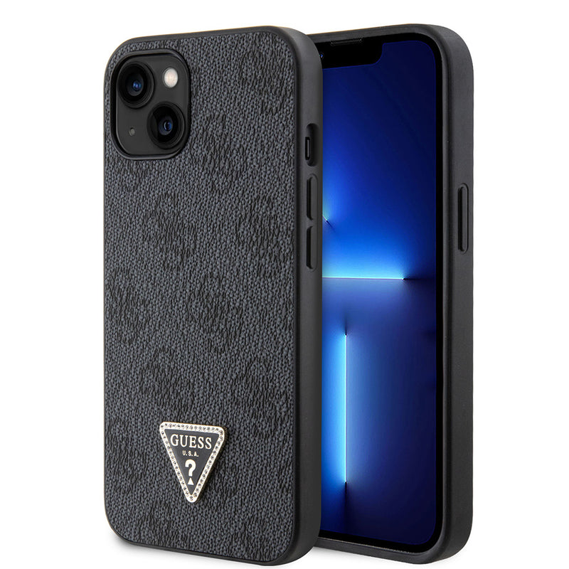 Apple iPhone 14 Kılıf Guess PU Deri Taşlı Üçgen Logo 4G Desenli Kapak Siyah