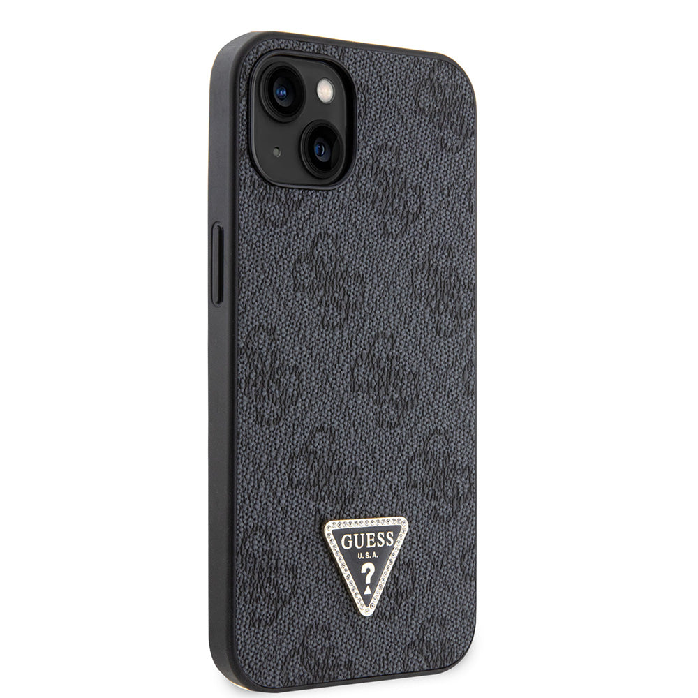 Apple iPhone 14 Kılıf Guess PU Deri Taşlı Üçgen Logo 4G Desenli Kapak Siyah