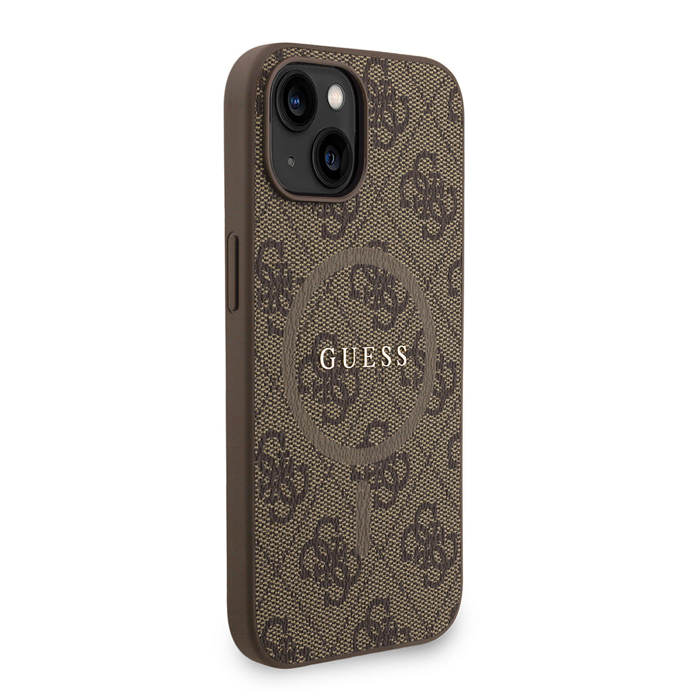 Apple iPhone 14 Kılıf Guess M-safe Şarj Özellikli Bilek Askı İpli Yazı Logolu Kapak Kahverengi