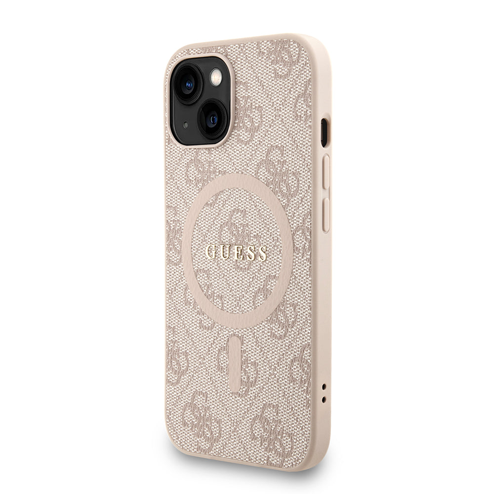 Apple iPhone 14 Kılıf Guess M-safe Şarj Özellikli Bilek Askı İpli Yazı Logolu Kapak Pembe